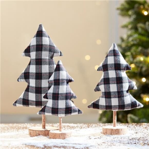 Holiday Time Christmas Plaid Fabric Tree Table Top Decorations in Black - Picture 1 of 10